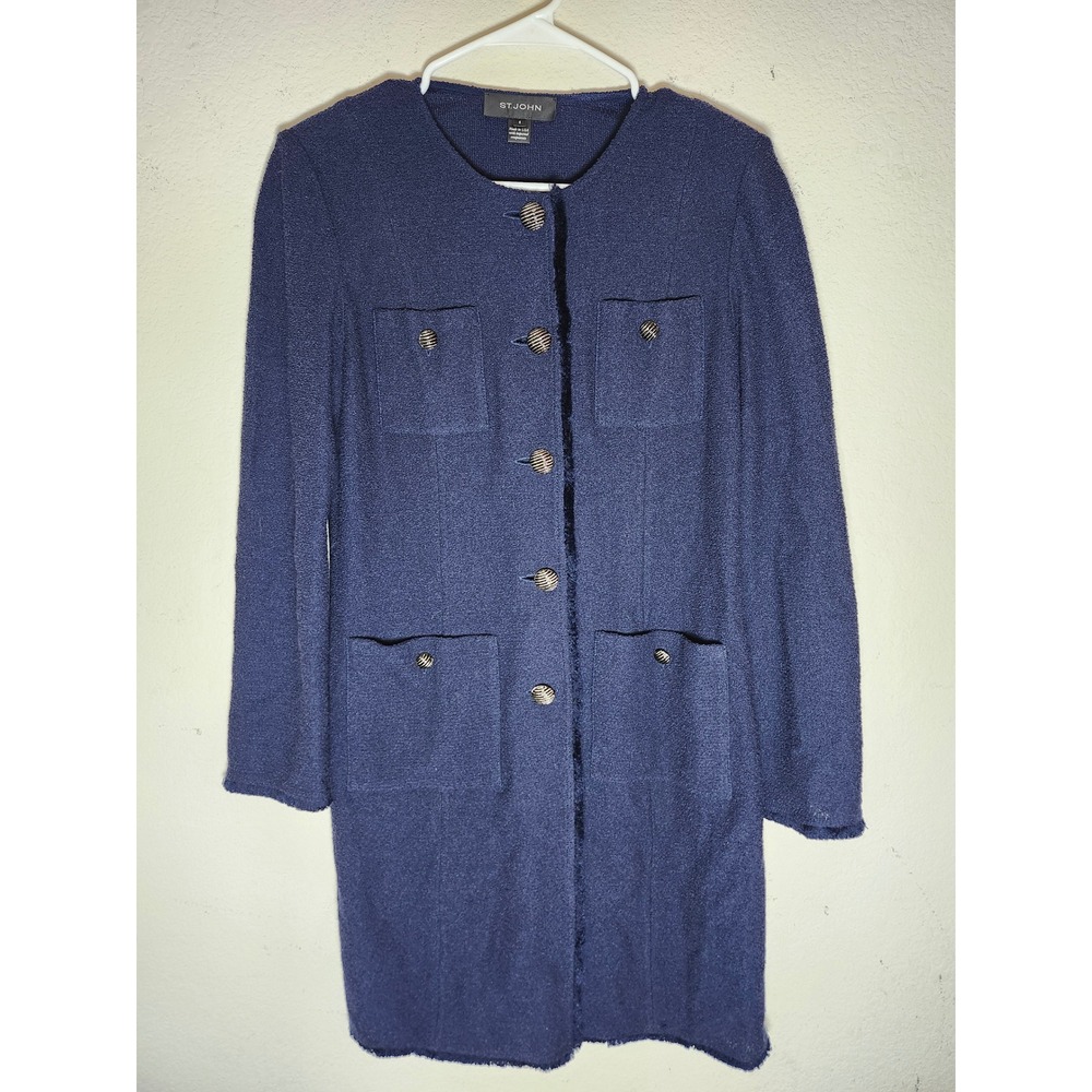 St. John Knit Jacket Women 6 Navy Blue Wool Blend Fringe Trim Longline Button Up